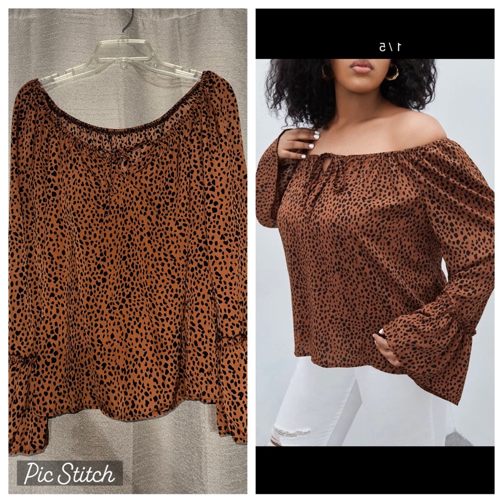Plus Dalmatian Print Off Shoulder Knot Front Flounce Sleeve Blouse